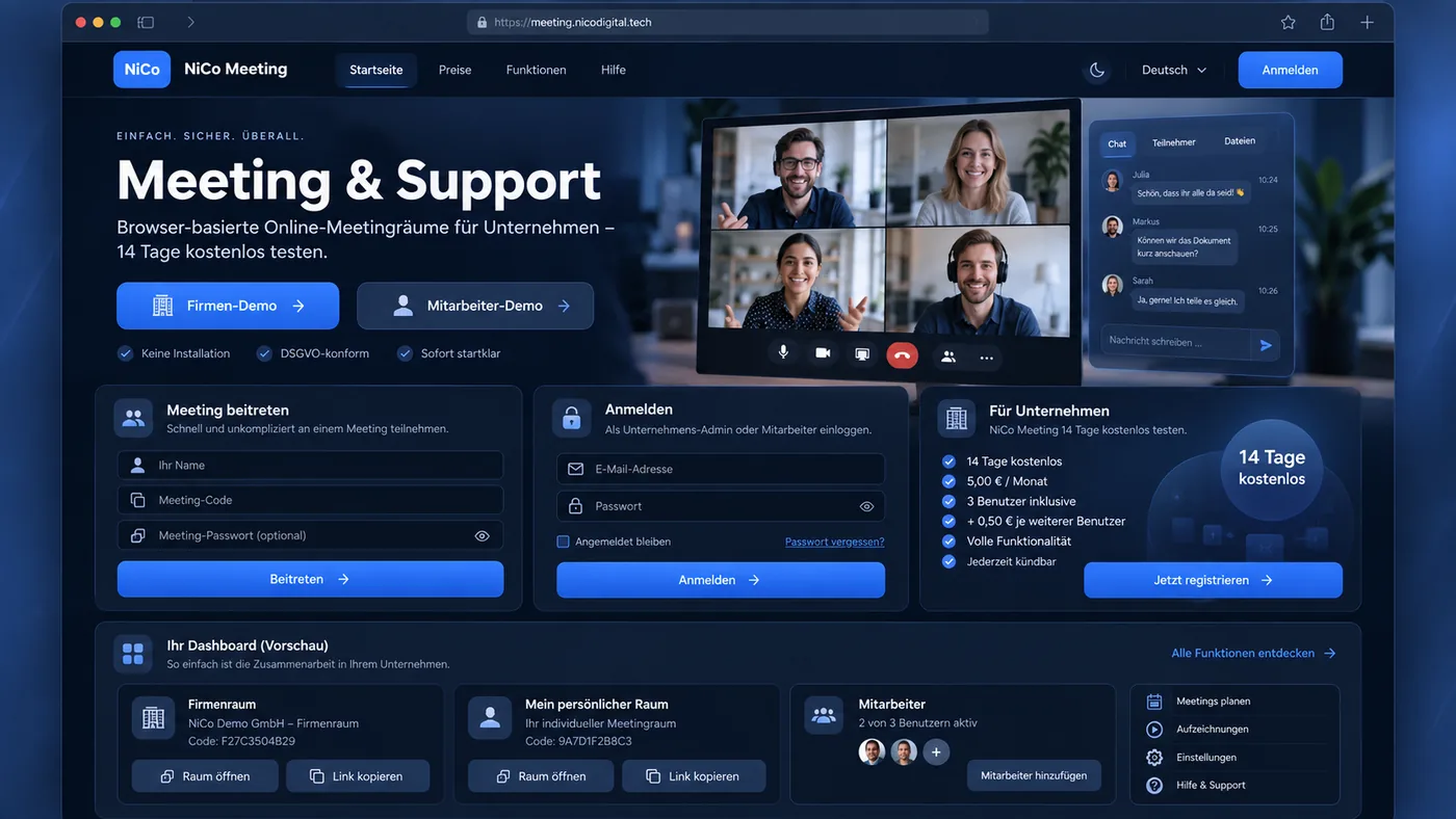 NiCo Meeting Vorschau mit Videokonferenz, Chat und Dashboard